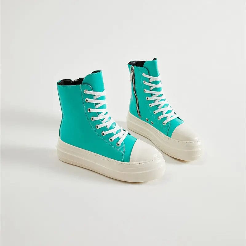 33 / green BUSY GIRL Plain PU chukka boots sweet color thick bottom plain lace up zipper canvas boots ankle boots bootie for women lady