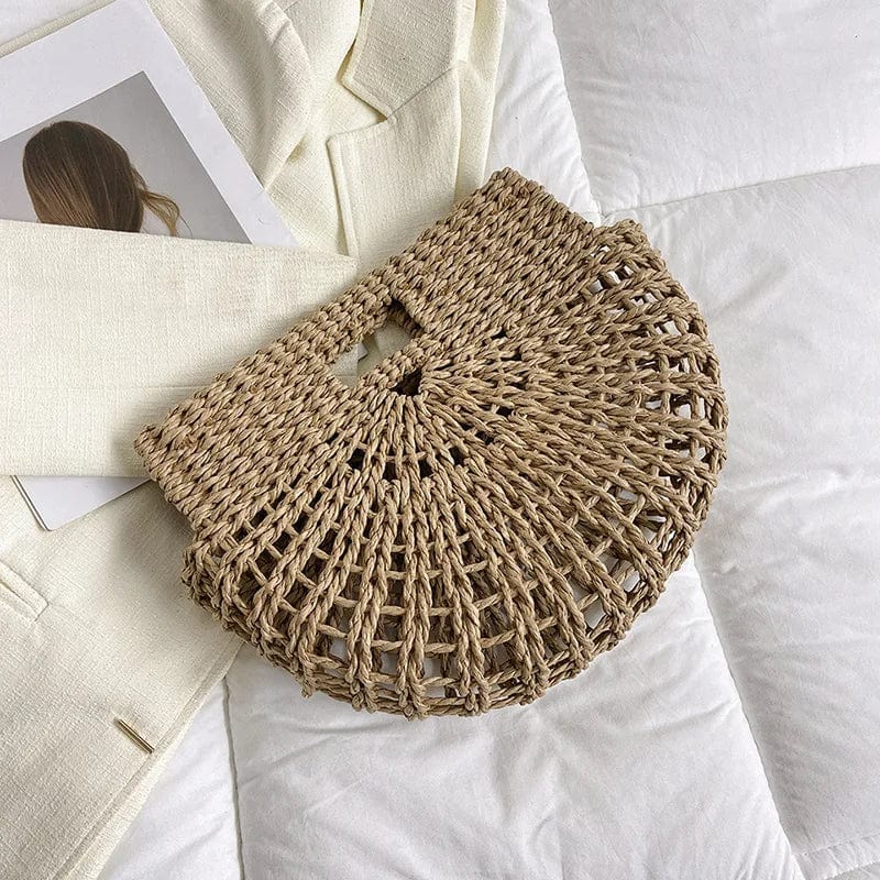33x8x25cm / 1232 Khaki New Hollow Out Women Half Moon Hand Bag Paper Rope Straw Woven Hobo Tote Bag for Daily Life Korean Style Beach Travel Handbags