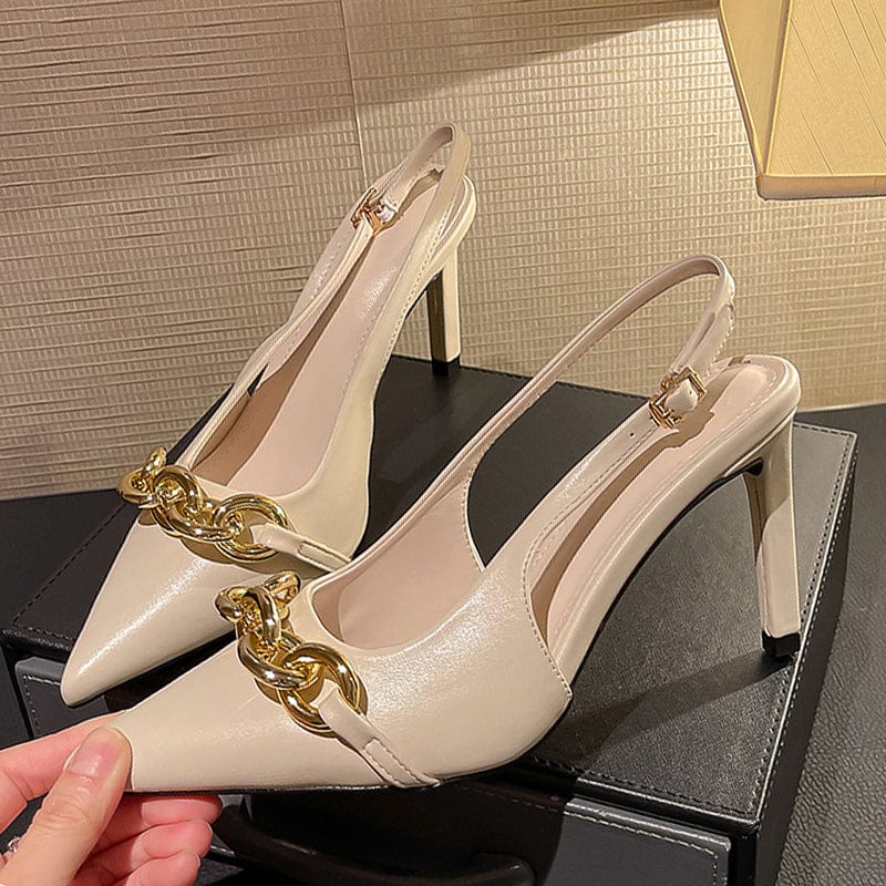 34 / Apricot Pointe Toe Shallow PU Metal Decoration Summer 2022 Buckle Strap Pump Slingbacks Sandals Fashion Solid Chain 34-40 Women Shoes