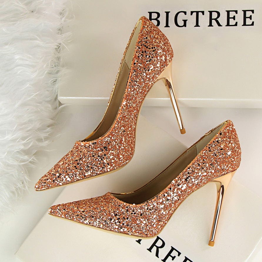 34 / champagne S4675F     High-heel shallow mouth pointed toe sparkling sequins sexy slimming  wedding luxury shoes women