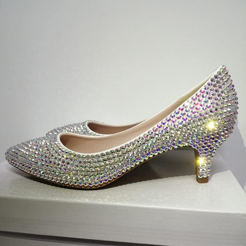 34 / Color 5CM S4649F New high quality Crystal Clear Square Heel Beaded Pointed Toe Bridal Satin wedding heels for bride shoes