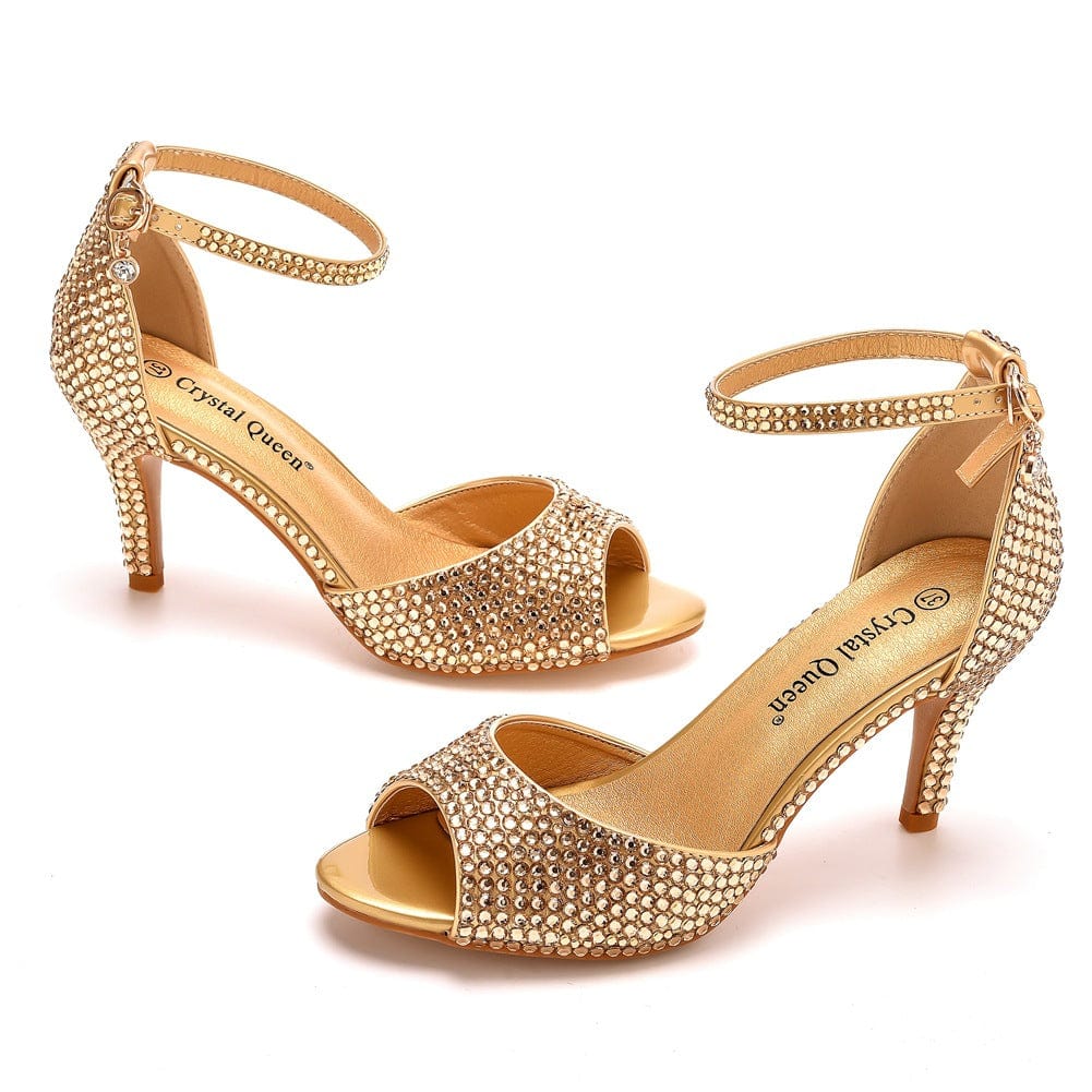 34 / Gold S4827F High-quality customized 7cm fish mouth l shallow mouth buckle with large size round toe shoes women party heels wedding