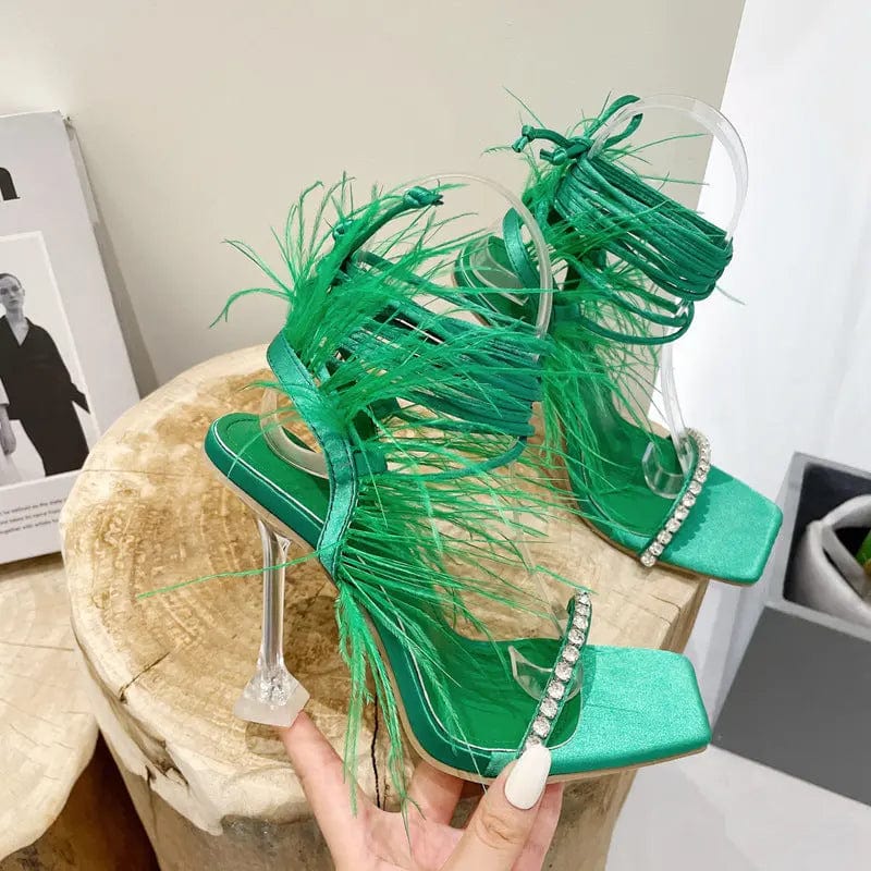 34 / green BUSY GIRL LFN4362 High Heels Shoes For Women Lace Up Heels Faux Feather Fur Rhinestone Sexy Ladies and Women Heeled Sandals