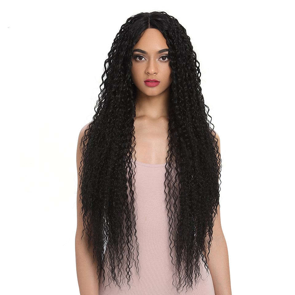 34 Inches / 1B for women sleek wholesale manufacturer glueless Heat Resistant lace long hairline kinky curl lace front wig Synthetic hair Wigs