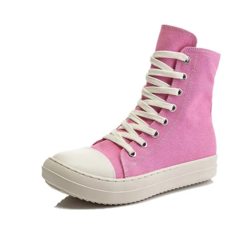 34 / Pink BUSY GIRL Canvas Shoes Women Casual Sneakers Flat Chunky Heels Lace Up Women Sneaker Streetwear Flats Black Leather Ankle Bootie
