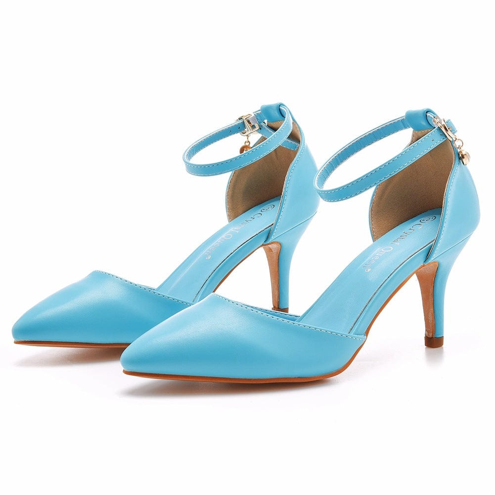 34 / sky blue S4517F 7cm High Heel Stiletto Heel Pointed Toe Buckle Large Size Bridal Wedding Shoes