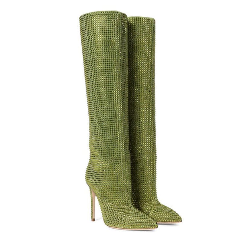 35 / 1 TX Luxury popular pointed toe knee length plus size rhinestones boot fashion catwalk starry high heels lady boots