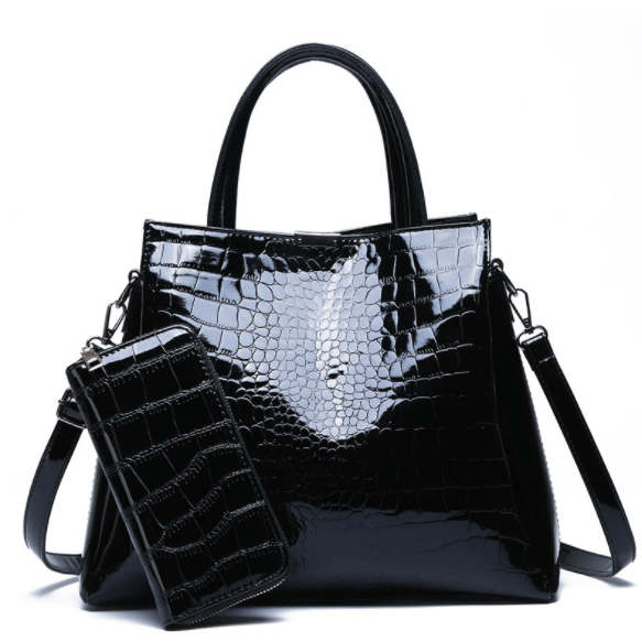 35*12*28cm / #2 2 pieces set in stock wholesale pu leather handbags ladies black Crocodile handbag set for women