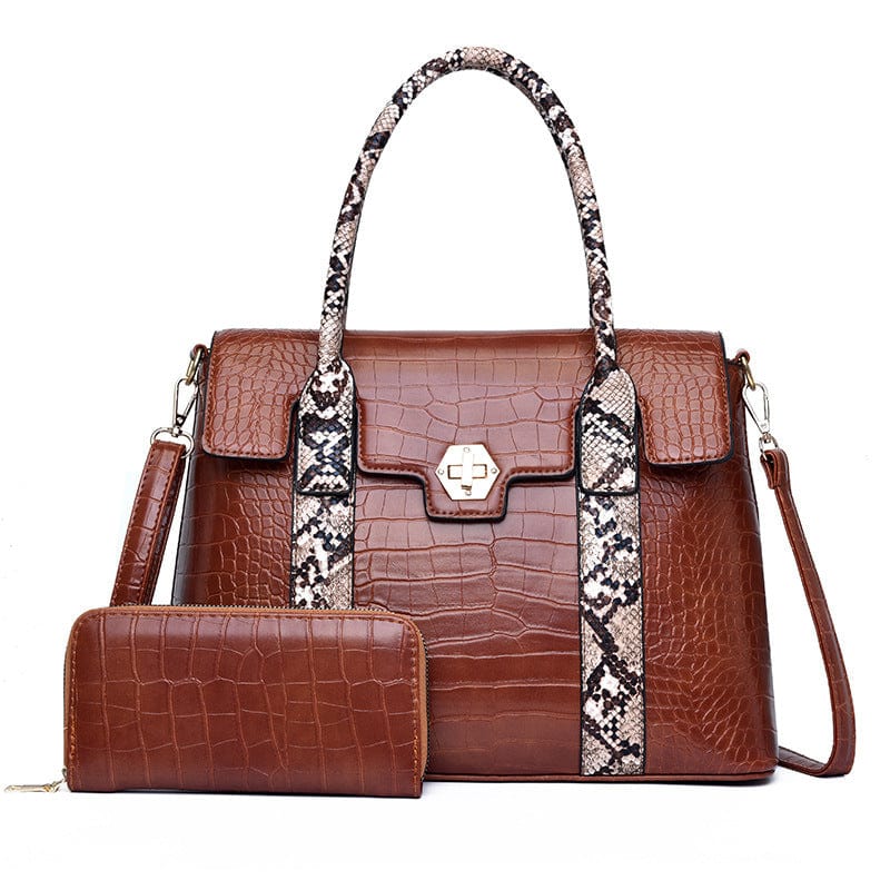 35*13*24cm / Brown Women Snake Skin Crocodile Print Handbags Satchel Purses Top Handle Tote Work Shoulder Bags with Matching Clutch 2pcs Set