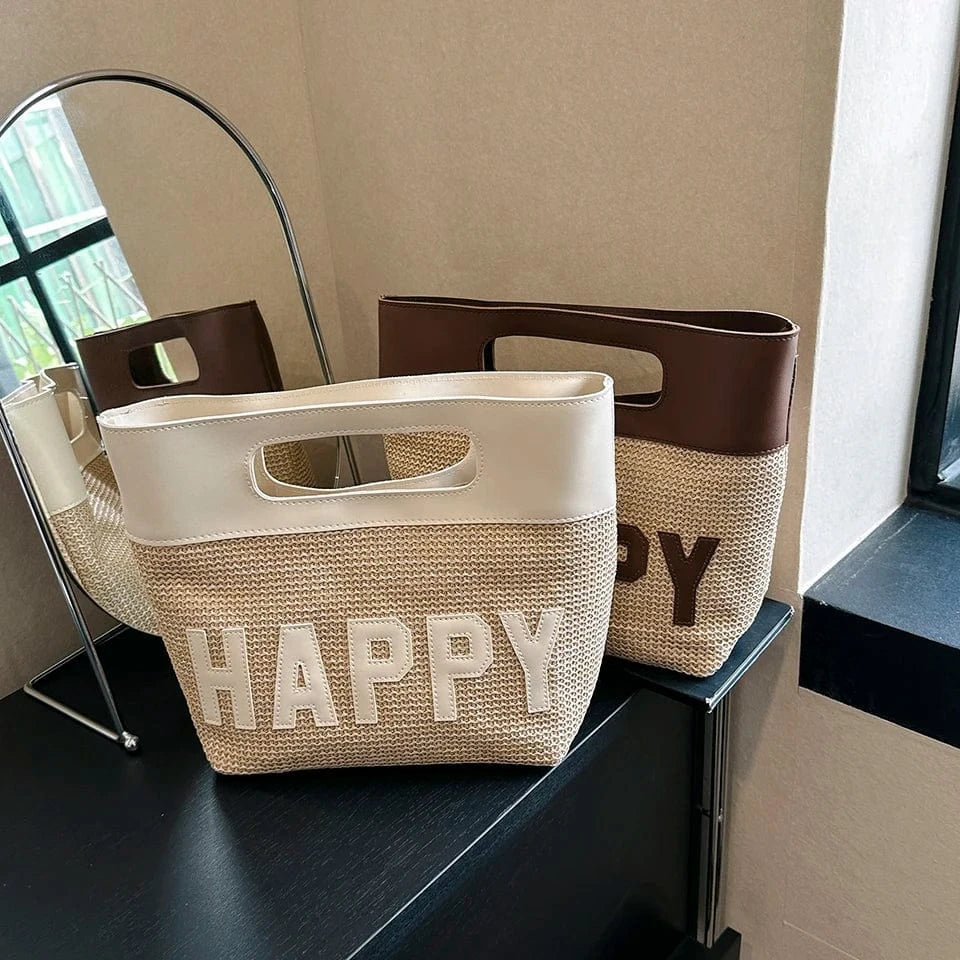 35*27*13cm / White Large capacity Summer Straw bag for Women Happy Trend Handbag Bohemian casual beach shopping Tote Hand woven women Shoulder bag