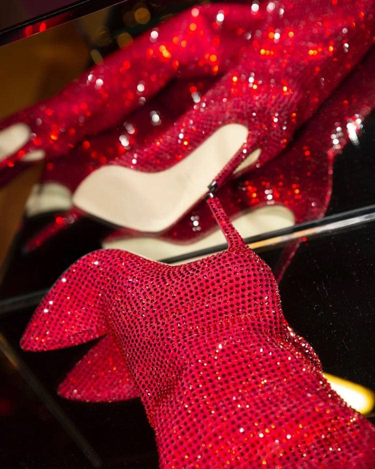 35 / 4 TX Luxury popular pointed toe knee length plus size rhinestones boot fashion catwalk starry high heels lady boots