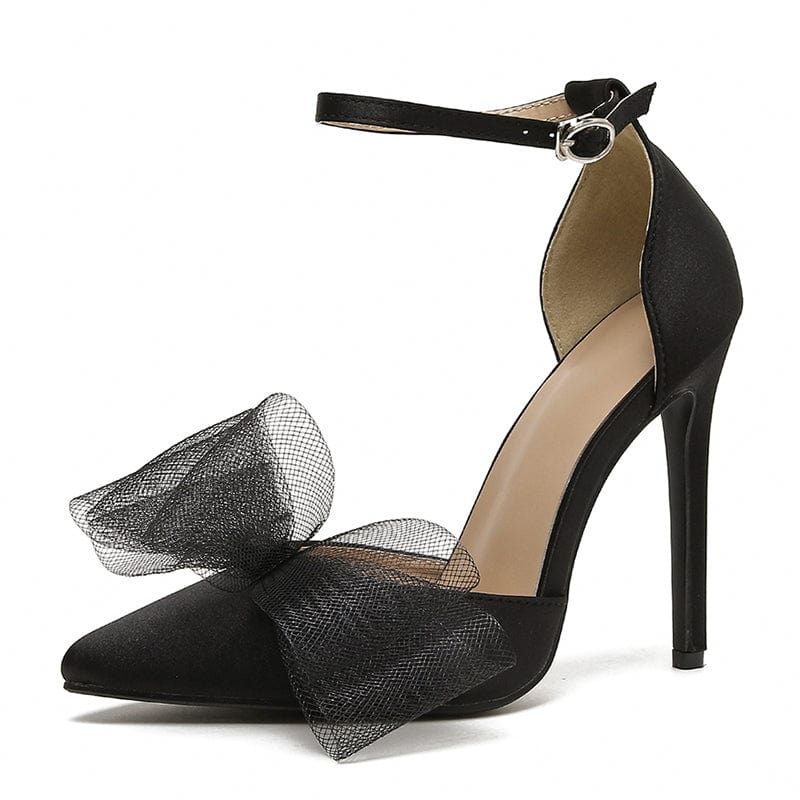 35 / Black Summer Fashion Bow Decoration 2022 Classic Pointed Buckle Silk Solid Color High-heeled Pump Sandals 35-42 Women's Shoes