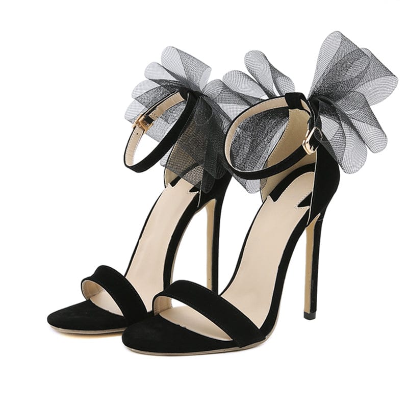 35 / Black Summer Rome Fashion Sexy 2022 NEW Flock Lace Butterfly-Knot Sweet Sandalias Heel Thin Heels Classics 35-42 Women Shoes