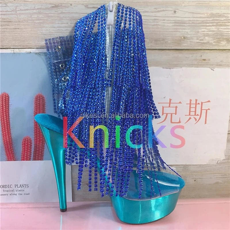 35 / Blue 15cm sexy tassel thin heel high heel back lace-up pole dance shoes/model catwalk dress shoes