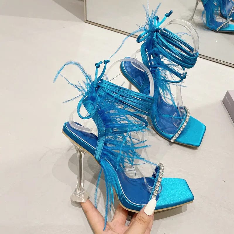 35 / Blue BUSY GIRL LFN4362 High Heels Shoes For Women Lace Up Heels Faux Feather Fur Rhinestone Sexy Ladies and Women Heeled Sandals