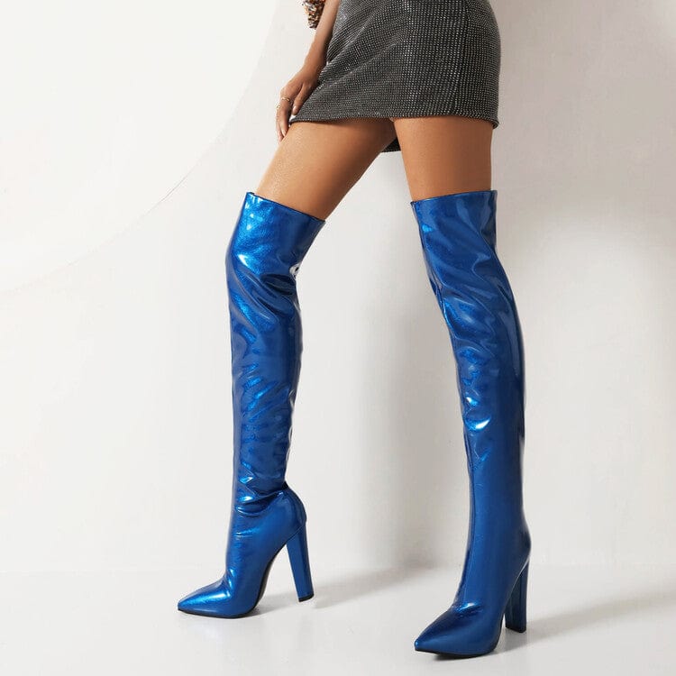 35 / Blue Winter Fashion Solid Color Leather Textured Over the Knee High Boots Pointed Toe Chunky Heel Slip-on Colors Women's Long Boots