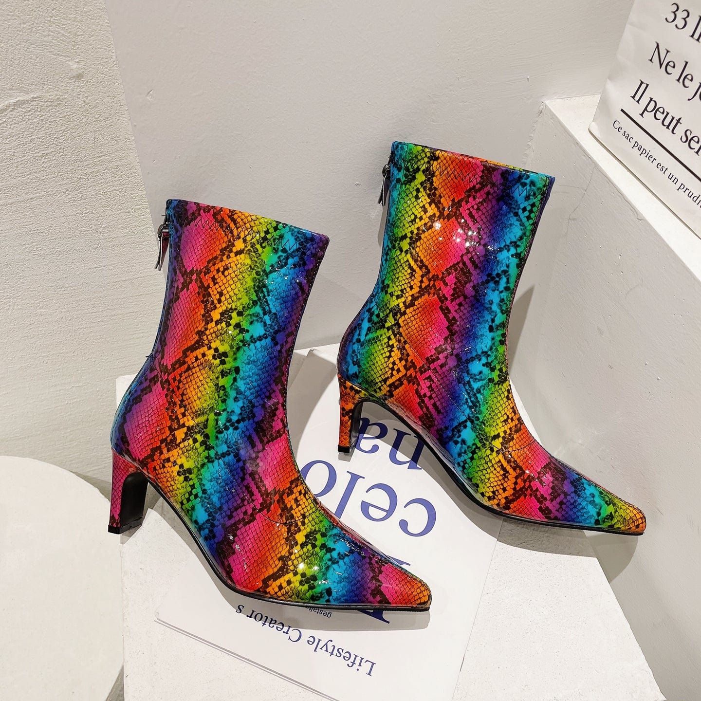 35 / color 2023 autumn European and American high-heeled short tube new snake pattern pointed toe fashion women's boots