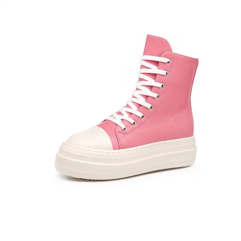 35 / Pink BUSY GIRL Plain PU chukka boots sweet color thick bottom plain lace up zipper canvas boots ankle boots bootie for women lady