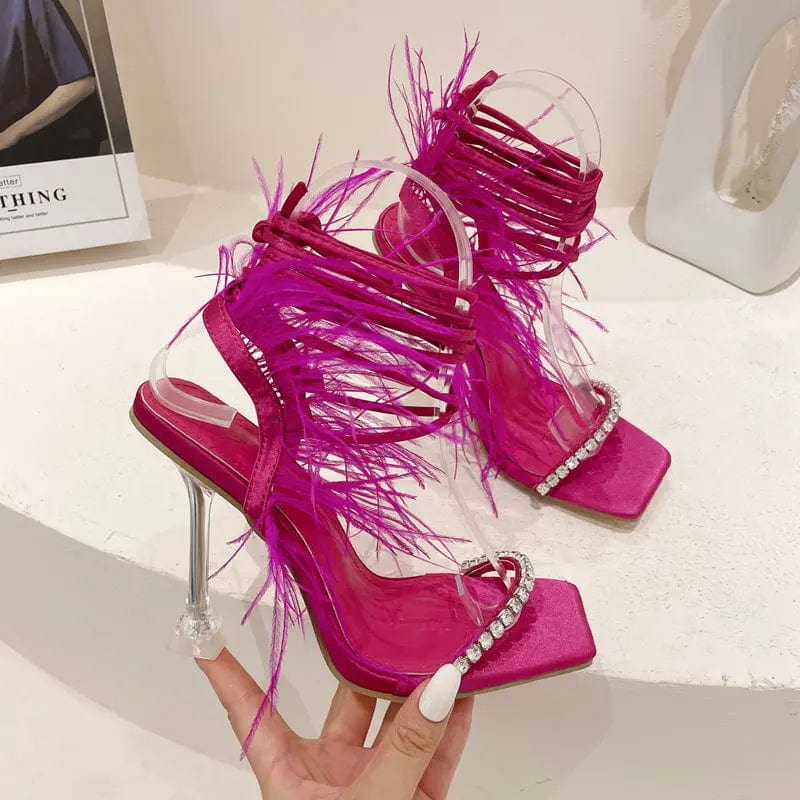 35 / Plum BUSY GIRL LFN4362 High Heels Shoes For Women Lace Up Heels Faux Feather Fur Rhinestone Sexy Ladies and Women Heeled Sandals