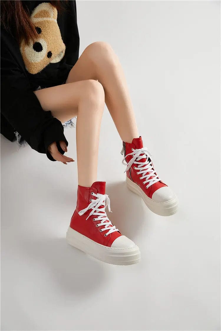 35 / Red BUSY GIRL Plain PU chukka boots sweet color thick bottom plain lace up zipper canvas boots ankle boots bootie for women lady
