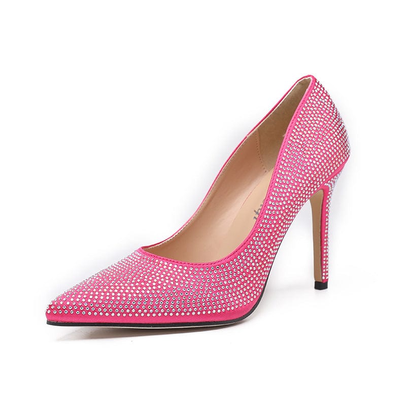 35 / rose Red S4656F New style high-heeled temperament rhinestone pointed toe ironed diamond stiletto women's wedding shoes