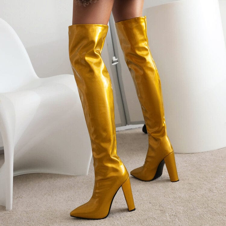 35 / Yellow Winter Fashion Solid Color Leather Textured Over the Knee High Boots Pointed Toe Chunky Heel Slip-on Colors Women's Long Boots