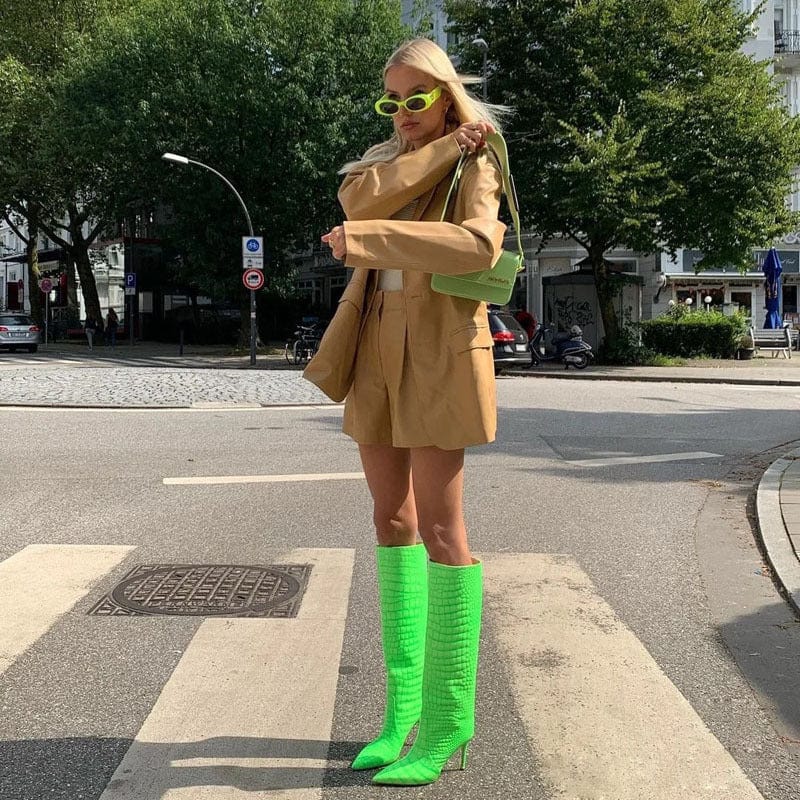 36 / 1 TX New arrival stiletto high-heel snake print catwalk ladies winter boots plus size fluorescent green knee high leather boots