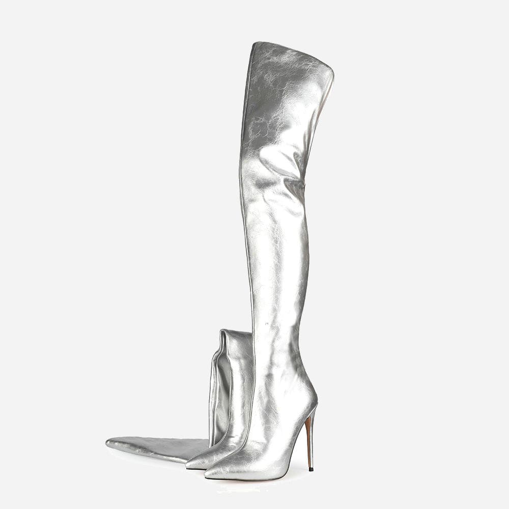 36 / 5 TX Latest New Stiletto High-Heel Over Knee Boots Back Zipper Silver Designer Fashion Women's Thigh High Boots