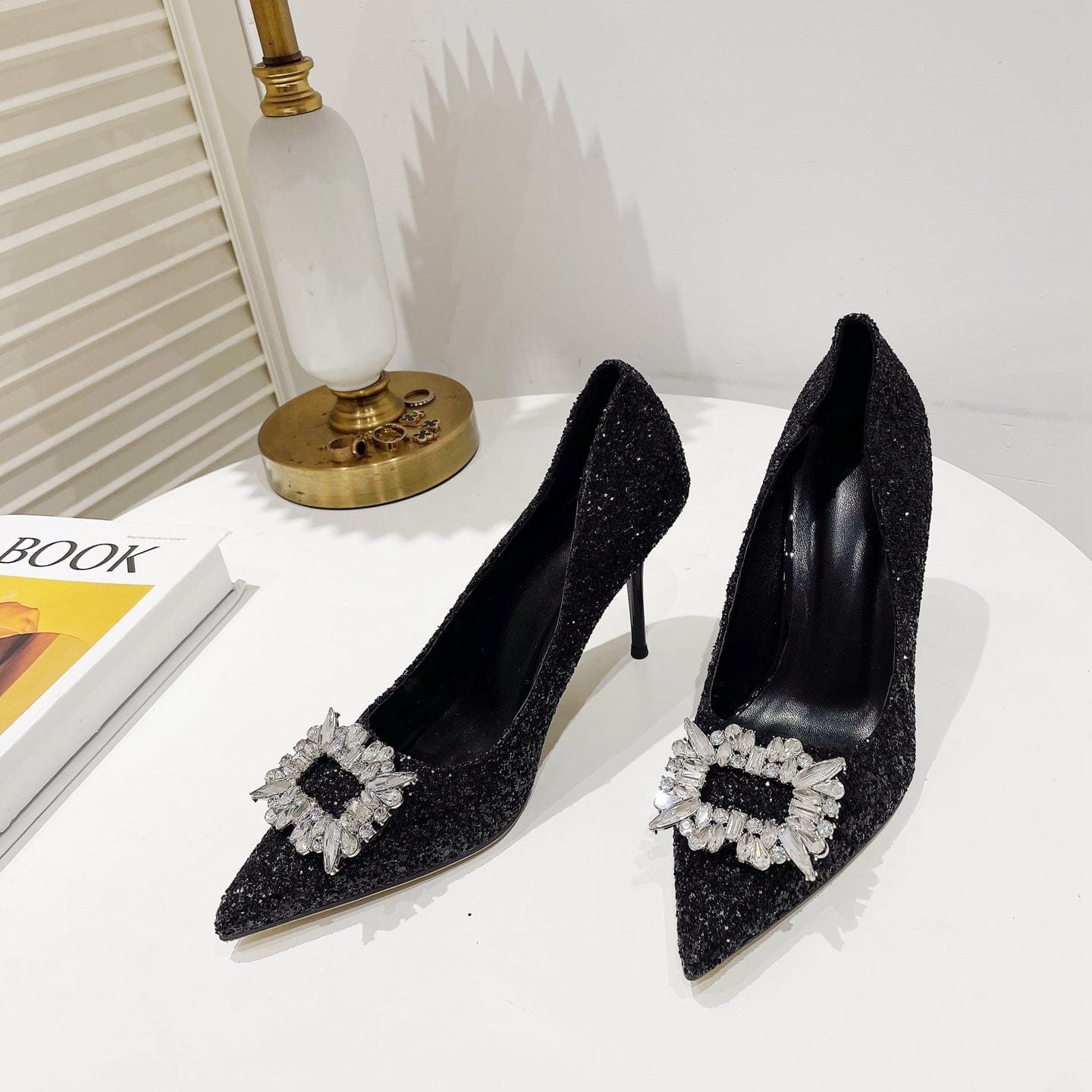 36 / black 20223 autumn new commuter high-heeled women's single shoes pointed toe stiletto with flash material banquet rhinestones