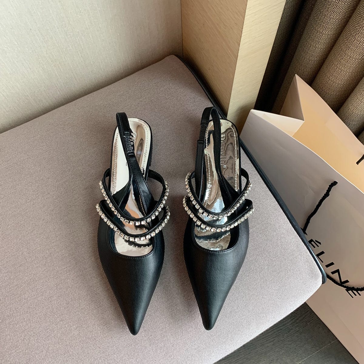36 / black 2023 autumn new Anne French drill with pointed toe back empty flat shoes niche Baotou sandals
