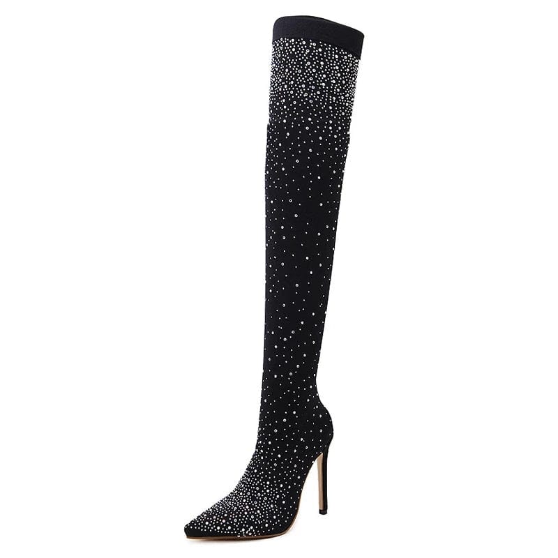 36 / black 2023 Fashion Runway Crystal Stretch Fabric Sock Boots Pointy Toe Over-the-Knee Heel Thigh High Pointed Toe Woman Boot