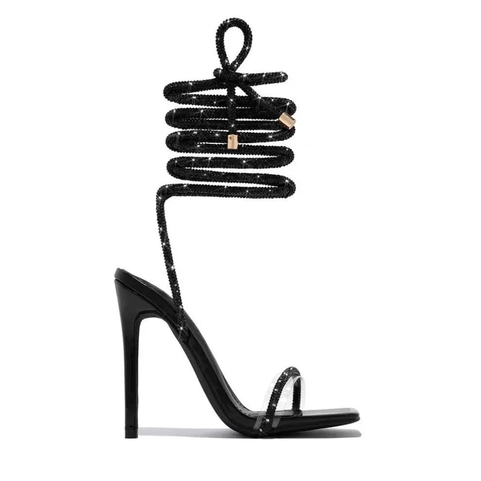36 / black BUSY GIRL LFN4368 Heeled Sandals Women Bling Rhinestone Lace Up Heels Clear PVC High Heels Shoes For Women Ladies talon femme