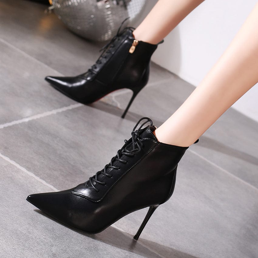 36 / black Lace-up high-heeled short boots women's autumn and winter plus velvet soft leather stiletto black pointed stiletto boots