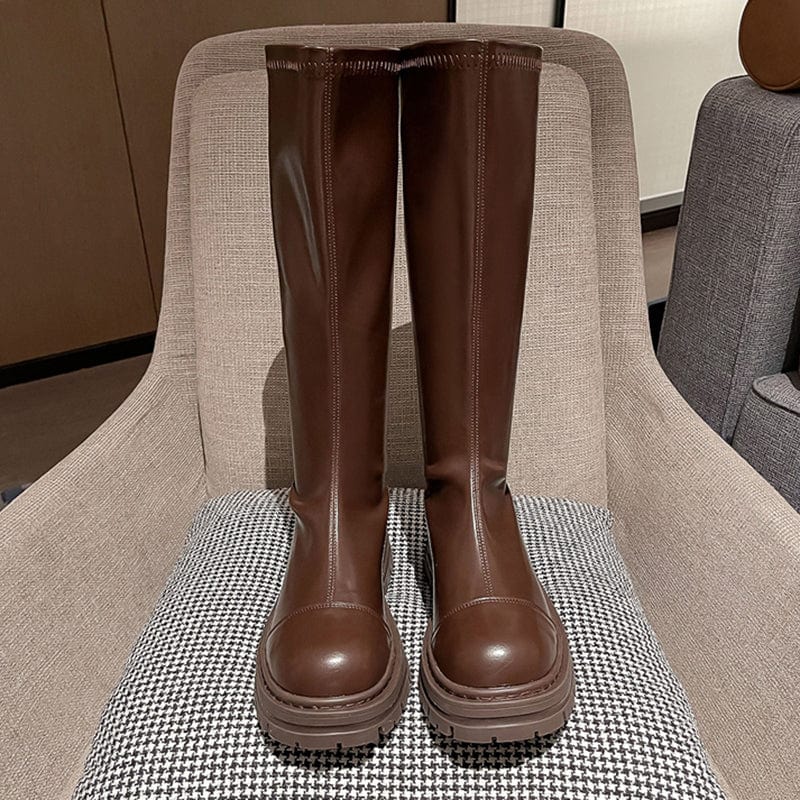 36 / Brown PU Round Toe Sewing Platform High Heel 2022 Winter New Fashion Rome Style Knee High Chelsea Boots Size 35-39 Woman Shoes