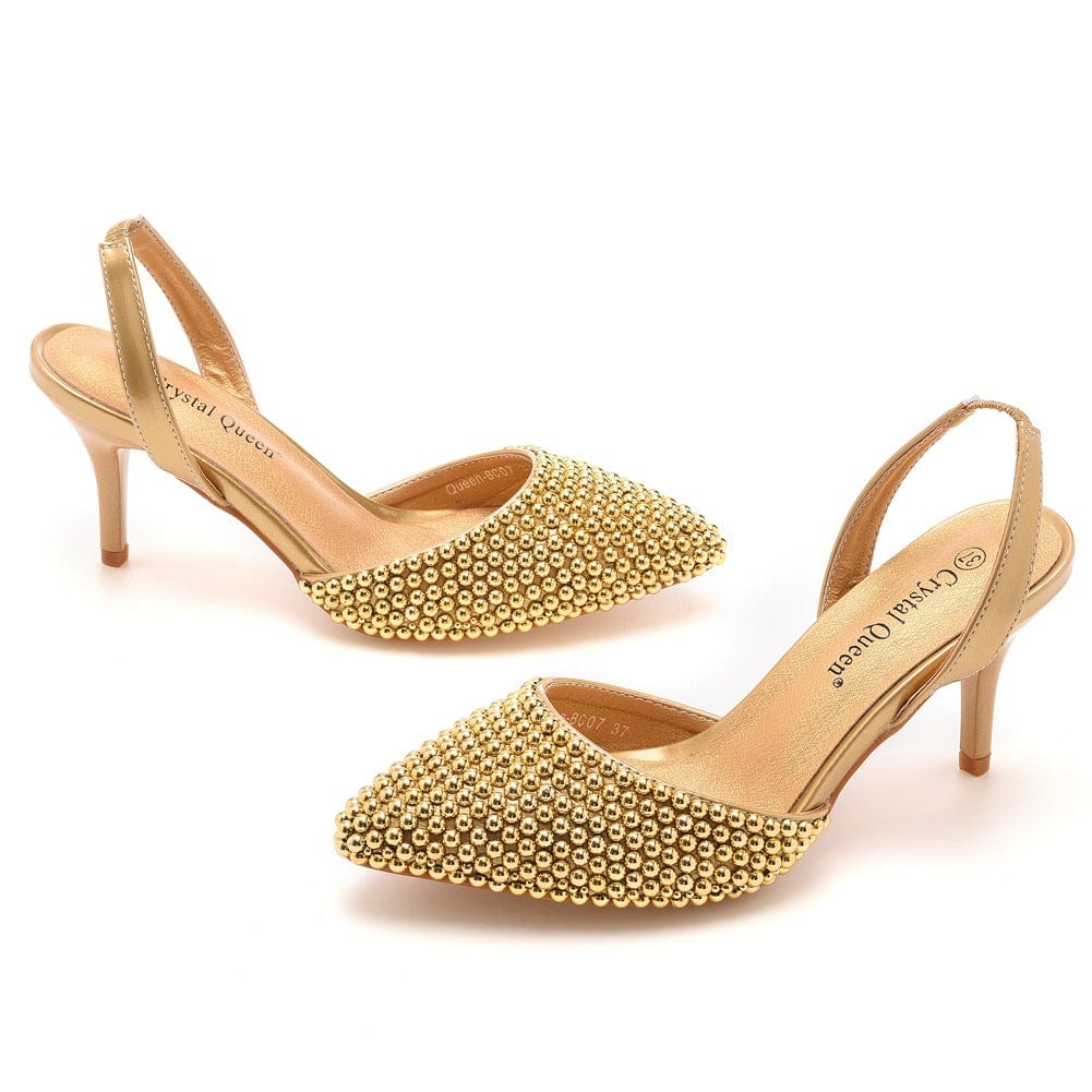 36 / golden pearl S4831F High quality customized 7cm shallow mouth pointed toe white pearl stiletto large size wedding shoes