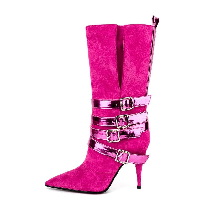 36 / Pink 2023 botas de dama Fall Winter Ladies Suede High Heels Long Boots Women Pointy Toe Cone Heel Cross Strap Buckle Mid Calf Boots
