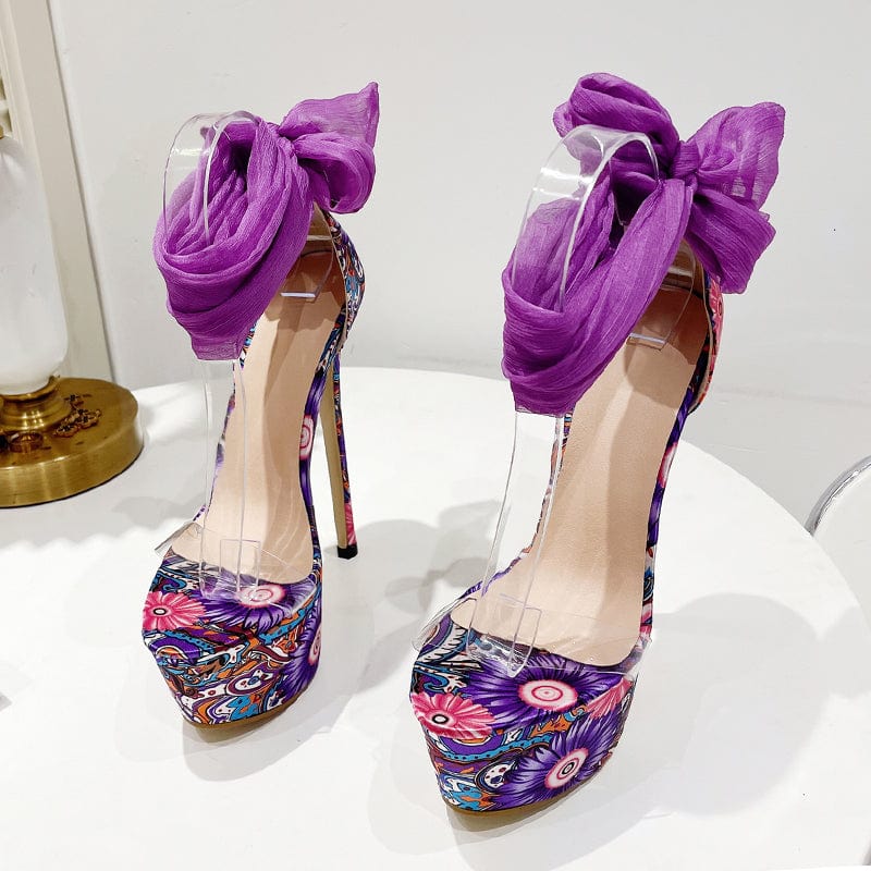 36 / Purple Summer PVC Platform Lace 2022 Fashion Narrow Band Butterfly-Knot Sandals Party Mixed Colors Rome Thin Heel 35-42 Women Shoes