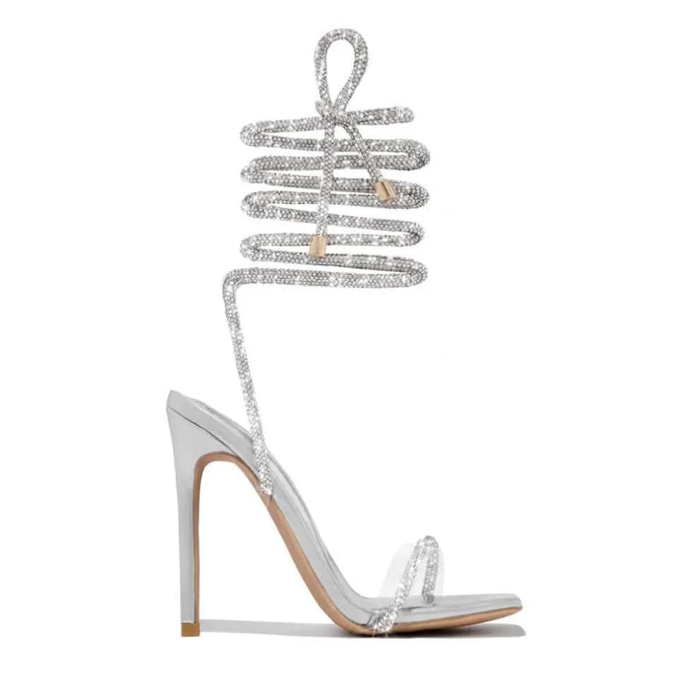 36 / silver BUSY GIRL LFN4368 Heeled Sandals Women Bling Rhinestone Lace Up Heels Clear PVC High Heels Shoes For Women Ladies talon femme