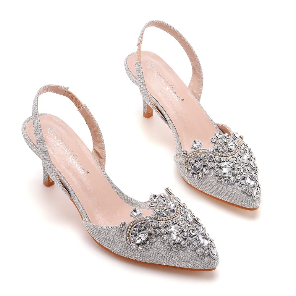 36 / silver S4829F High quality custom 6cm shallow mouth pointy toe discoloration cloth stiletto large size banquet girls wedding shoes
