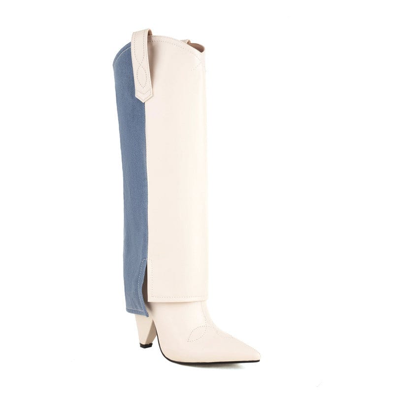 36 / White 2022 Winter Season Comfort Fashion Patchwork Knee High Boots Sexy Pointed Toe Spike High Heel Color Matching Women Western Boots