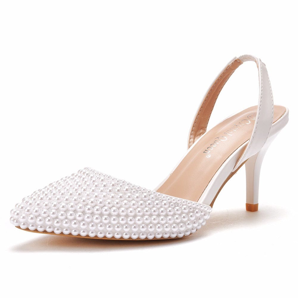 36 / White S4831F High quality customized 7cm shallow mouth pointed toe white pearl stiletto large size wedding shoes