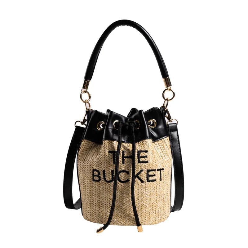 37*16*16cm / Black New Straw Bucket Tote Bag For Women Crossbody Female Handbag Solid Words Letter Leisure PU Luxury Designer Fashion Shoulder Bag