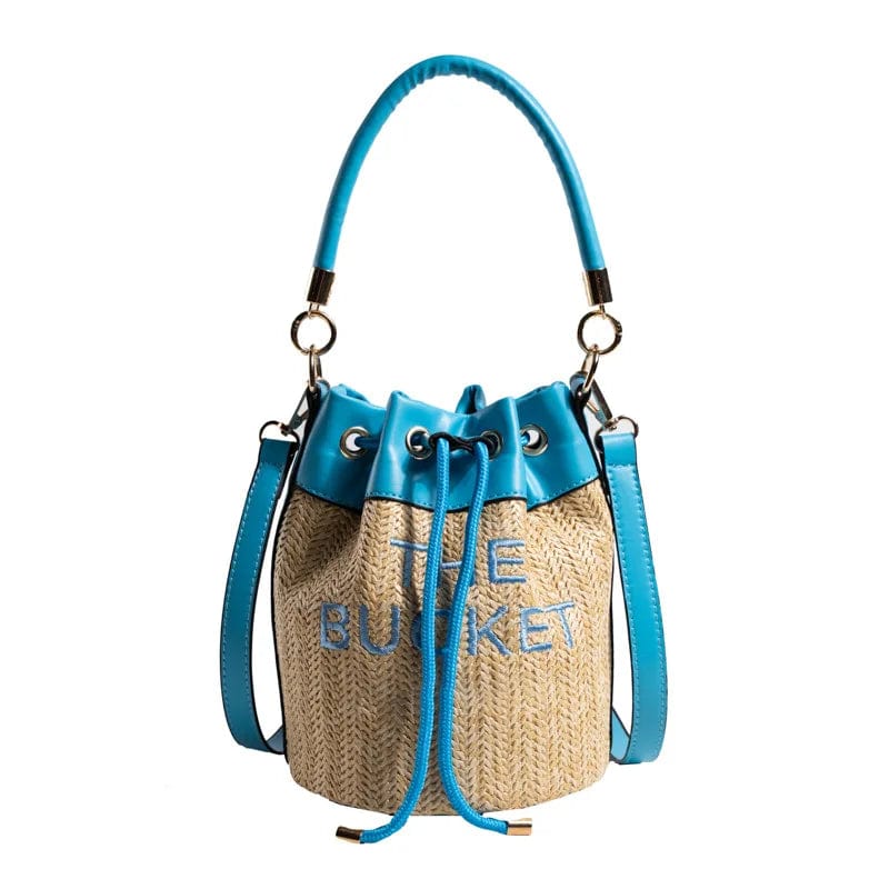 37*16*16cm / Blue New Straw Bucket Tote Bag For Women Crossbody Female Handbag Solid Words Letter Leisure PU Luxury Designer Fashion Shoulder Bag