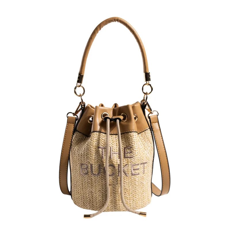 37*16*16cm / Khaki New Straw Bucket Tote Bag For Women Crossbody Female Handbag Solid Words Letter Leisure PU Luxury Designer Fashion Shoulder Bag