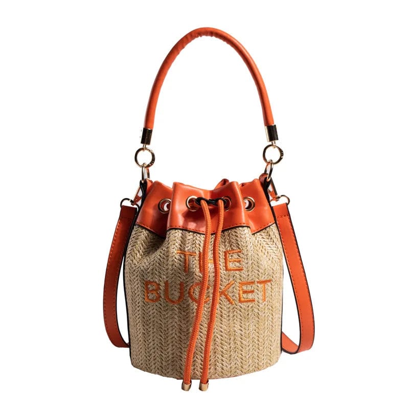 37*16*16cm / Orange New Straw Bucket Tote Bag For Women Crossbody Female Handbag Solid Words Letter Leisure PU Luxury Designer Fashion Shoulder Bag