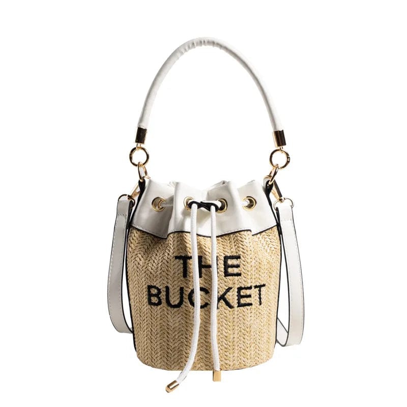 37*16*16cm / White New Straw Bucket Tote Bag For Women Crossbody Female Handbag Solid Words Letter Leisure PU Luxury Designer Fashion Shoulder Bag