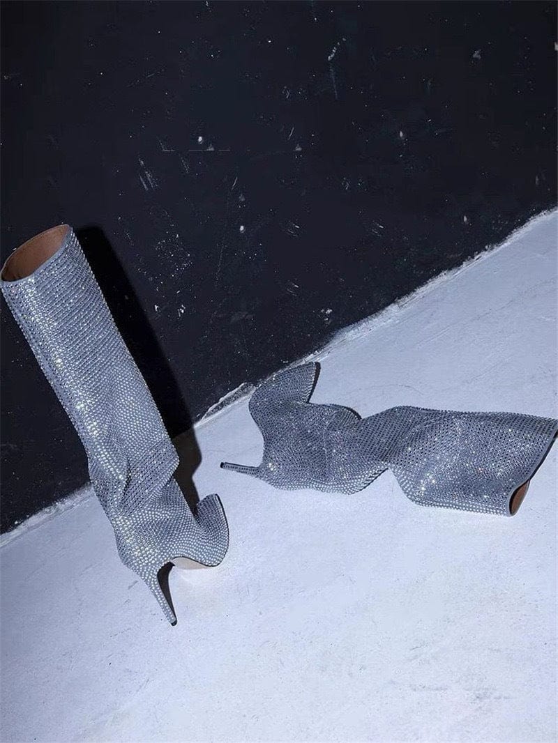 37 / 2 TX Luxury popular pointed toe knee length plus size rhinestones boot fashion catwalk starry high heels lady boots