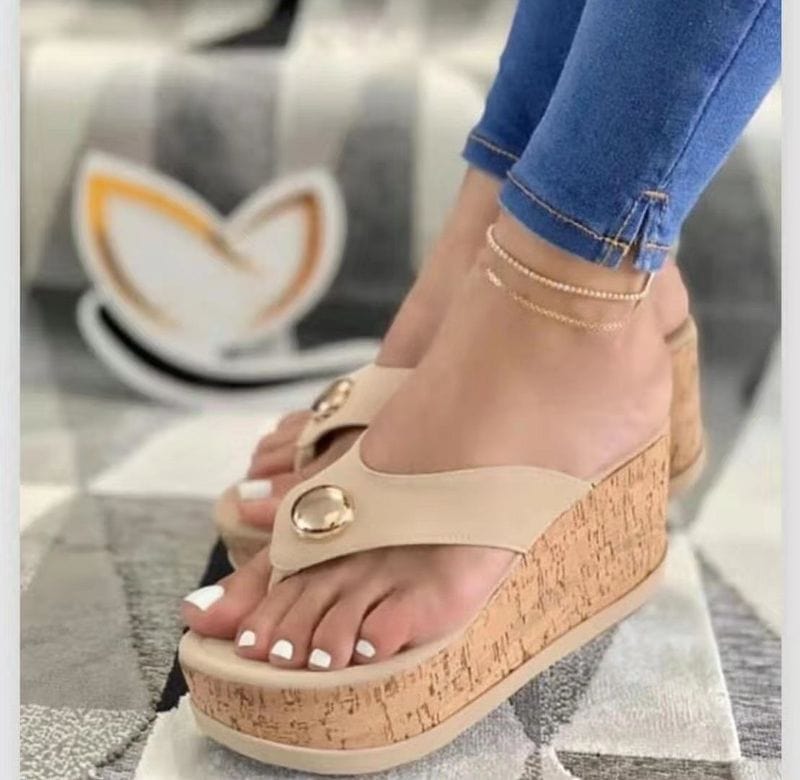 37 / Beige New Summer adult Shoes Large Size shoes flip-flops high wedge casual shoes woman Fashion Non-slip Outdoor Sandals