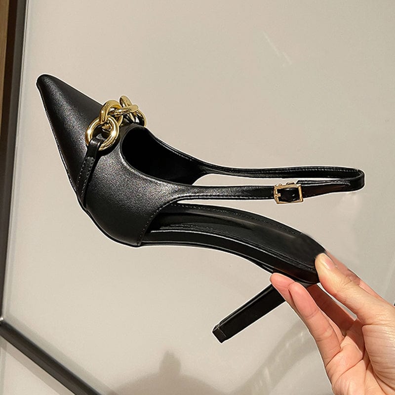 37 / Black Pointe Toe Shallow PU Metal Decoration Summer 2022 Buckle Strap Pump Slingbacks Sandals Fashion Solid Chain 34-40 Women Shoes