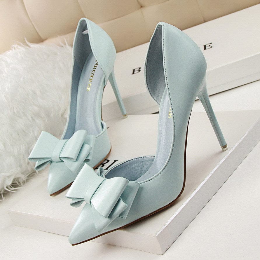 37 / Blue S4679F Fashionable delicate sweet bow high-heeled stiletto shallow mouth pointed toe side hollow elegant wedding shoes